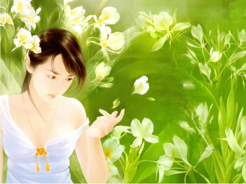 Woman in White Dress — Green, Serene, Digital Art, Flowers