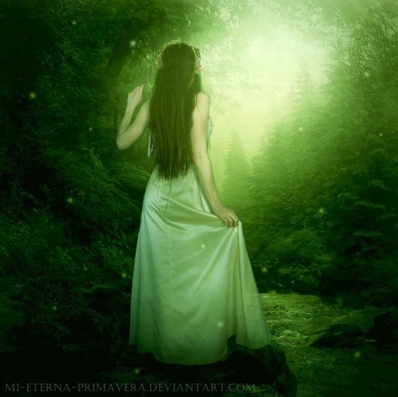 Woman in White Dress — Green, Serene, Digital Art, Forest