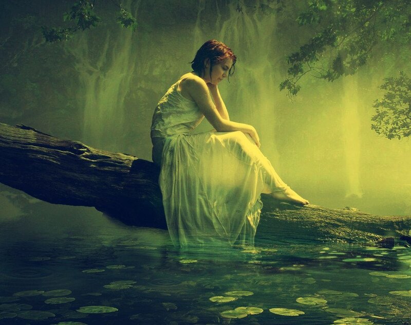 Woman in White Dress — Green, Serene, Digital Art, Log