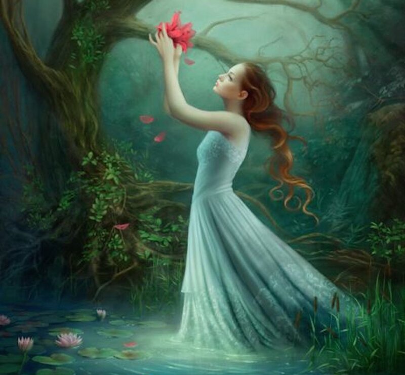 Woman in White Dress — Green, Serene, Digital Art, Tree, Pond
