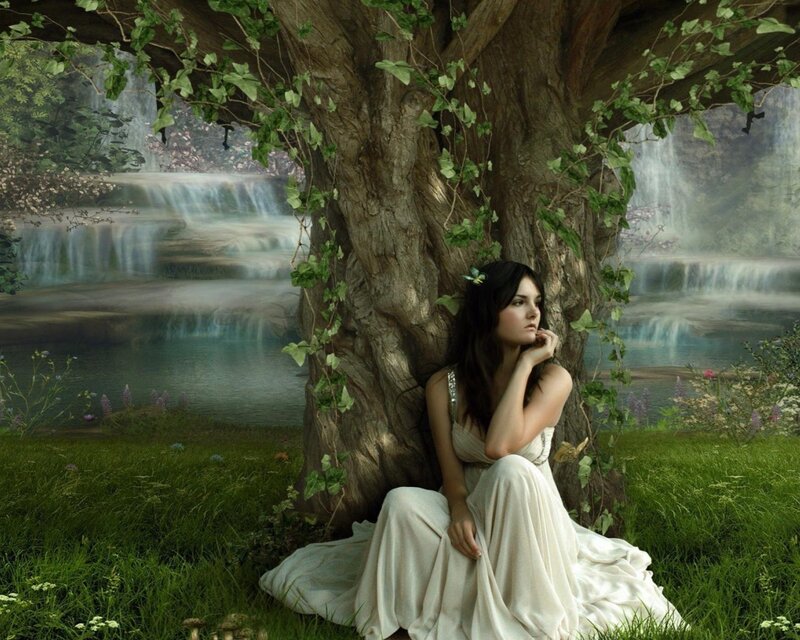Woman in White Dress — Green, Serene, Digital Art, Tree