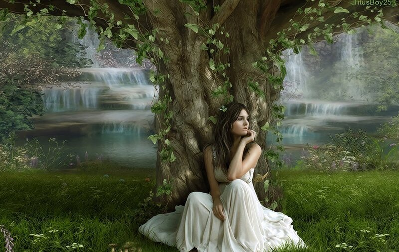 Woman in White Dress — Green, Serene, Digital Art, Tree, Waterfall