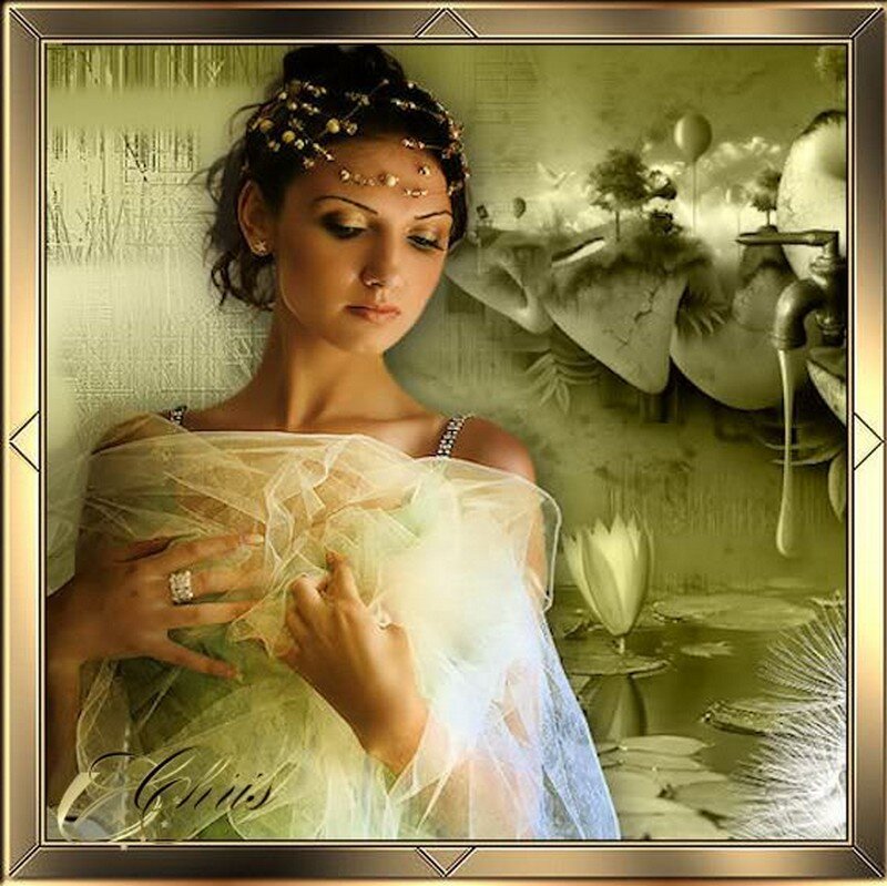 Woman in White Dress — Green, Serene, Digital Art, Tulle Fabric