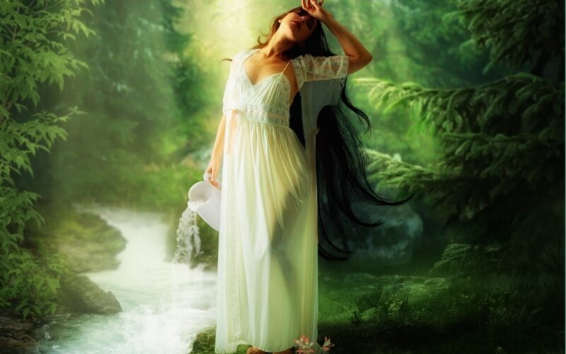 Woman in White Dress — Green, Serene, Morning, Digital Art, River