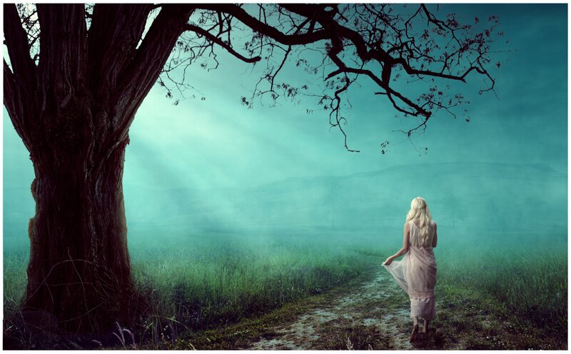Woman in White Dress — Green, Serene, Morning, Digital Art, Tree, Path