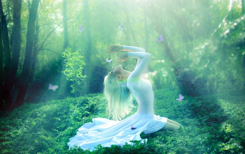 Woman in White Dress — Green, Serene, Morning, Photograph, Butterflies, Forest, Light Rays
