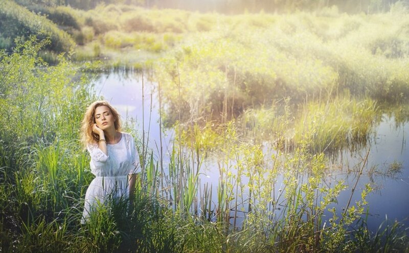 Woman in White Dress — Green, Serene, Morning, Photograph, River, Reeds