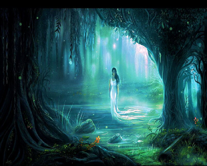 Woman in White Dress — Green, Serene, Night, Digital Art, Forest, River