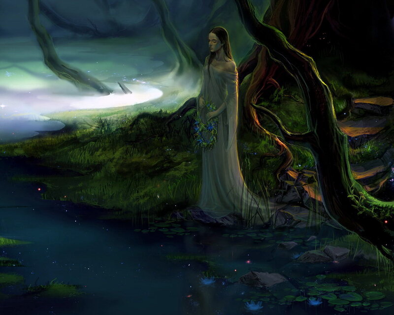 Woman in White Dress — Green, Serene, Night, Digital Art, Tree
