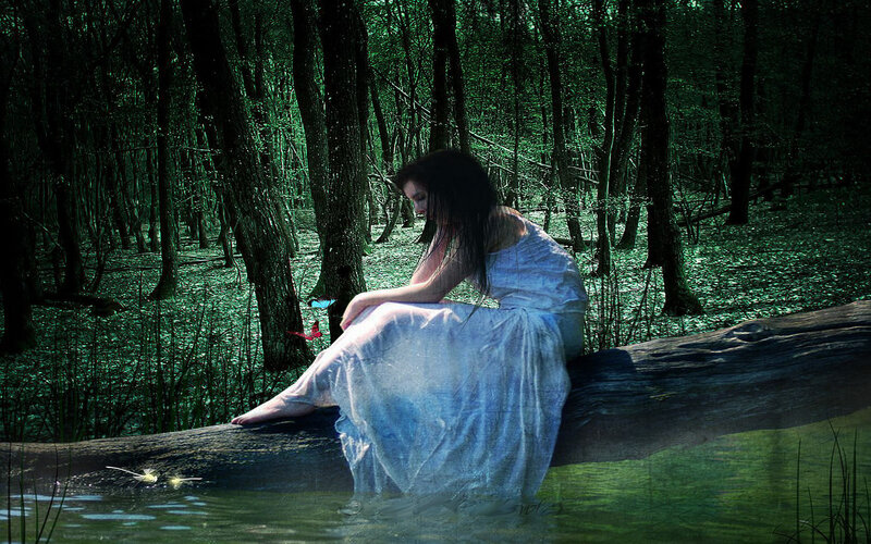 Woman in White Dress — Green, Serene, Night