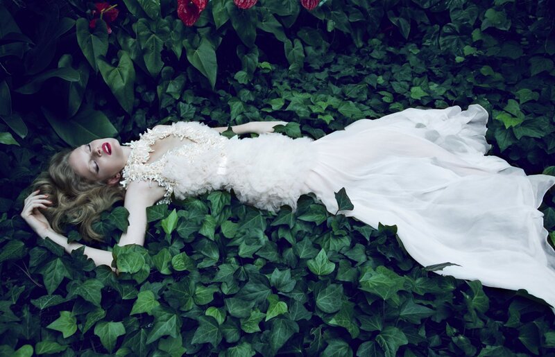 Woman in White Dress — Green, Serene, Photograph, Green Leaves, Red Flowers