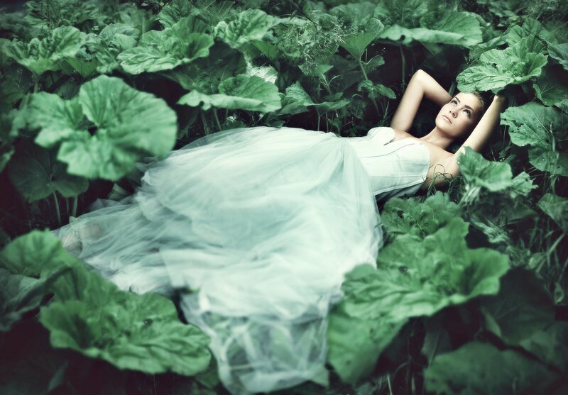 Woman in White Dress — Green, Serene, Photograph, Green Leaves