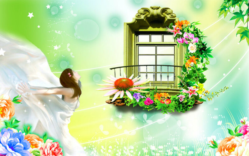 Woman in White Dress — Green, Serene, Spring, Digital Art, Window