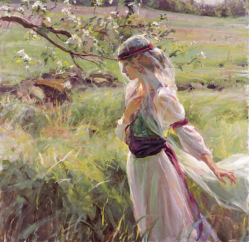 Woman in White Dress — Green, Serene, Spring, Painting