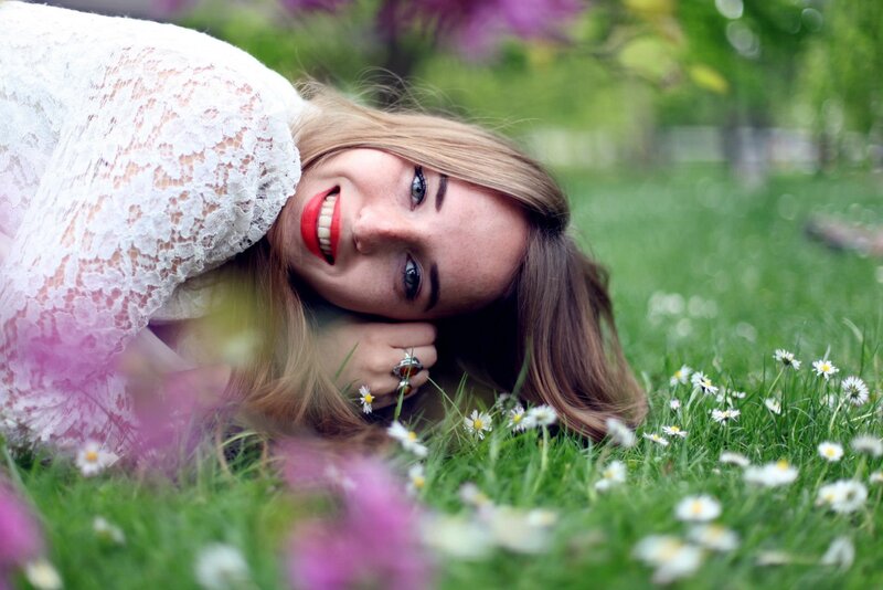 Woman in White Dress — Green, Serene, Spring, Photograph, Grass