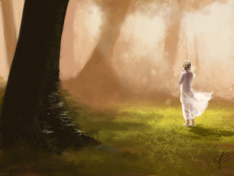 Woman in White Dress — Green, Serene, Sunset, Digital Art, Tree