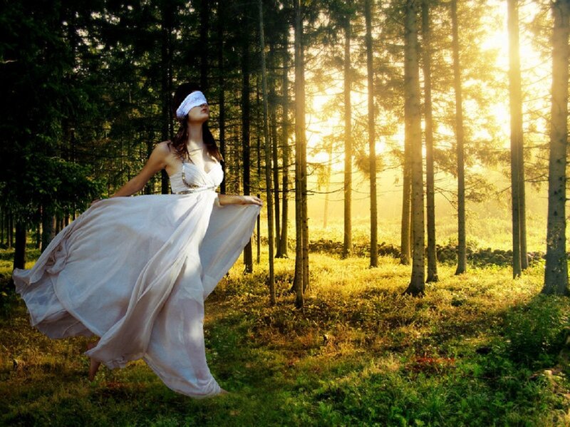 Woman in White Dress — Green, Serene, Sunset, Photograph, Forest