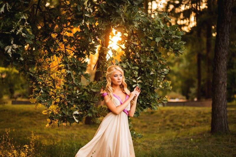 Woman in White Dress — Green, Serene, Sunset, Photograph, Tree, Sunlight