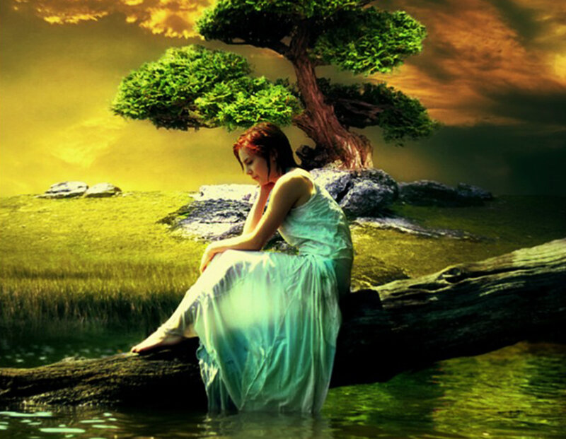 Woman in White Dress — Green, Serene, Sunset