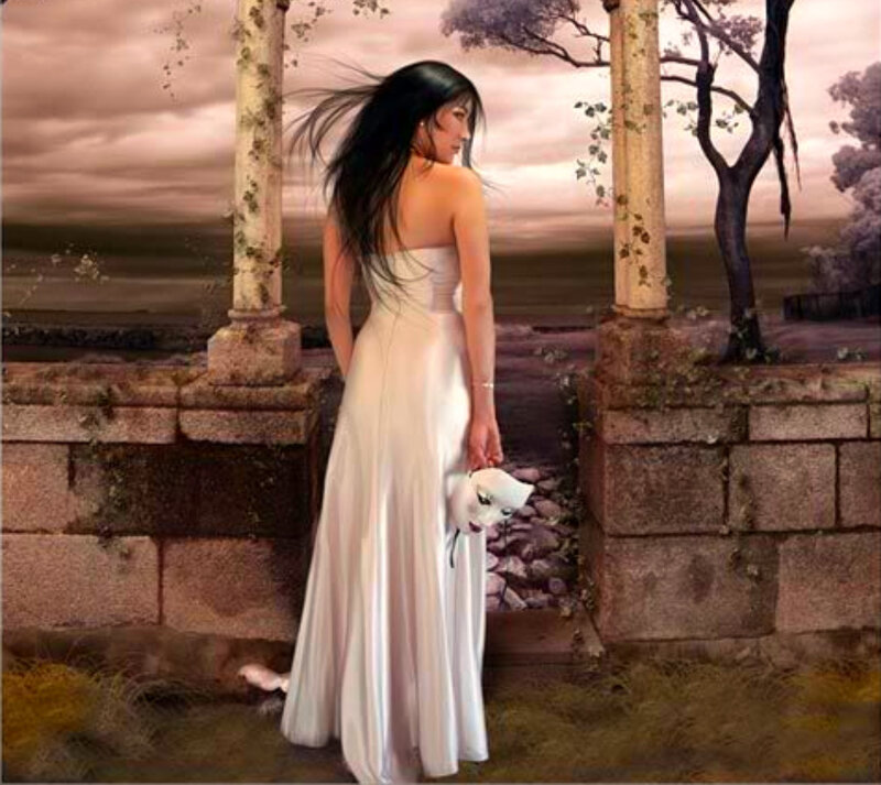 woman in white dress holding mask