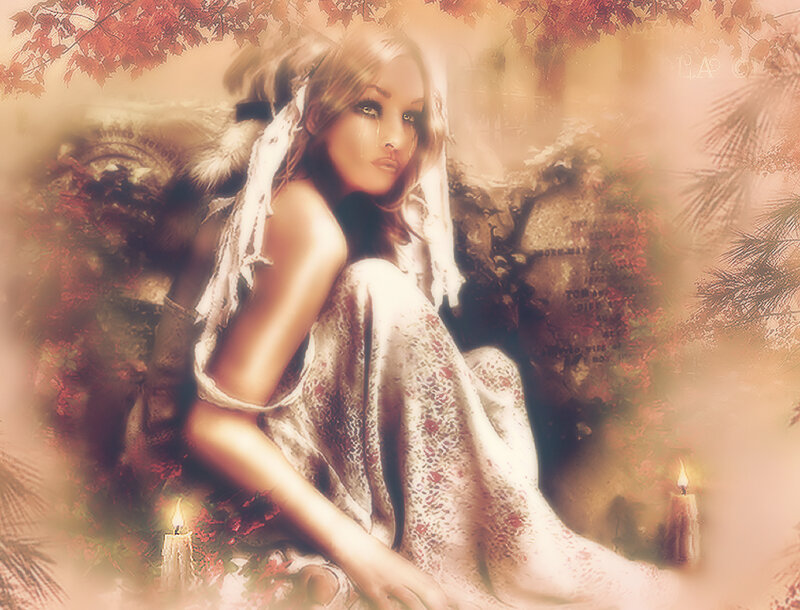 Woman in White Dress — Melancholic, Autumn, Digital Art, Candles