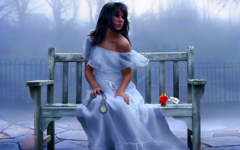 Woman in White Dress — Melancholic, Digital Art, Bench