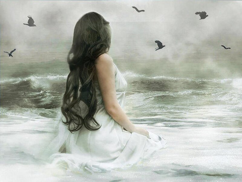 Woman in White Dress — Melancholic, Digital Art, Birds