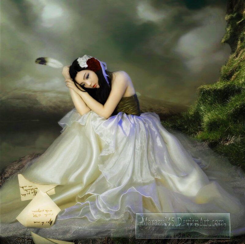 Woman in White Dress — Melancholic, Digital Art, Feather