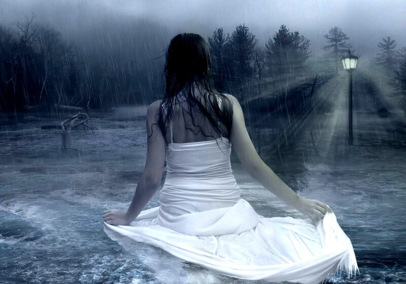 Woman in White Dress — Melancholic, Night, Digital Art, Rain