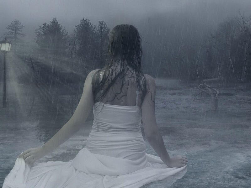 Woman in White Dress — Melancholic, Night, Digital Art, Rain, Trees