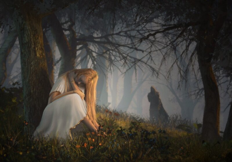 Woman in White Dress — Melancholic, Night, Digital Art
