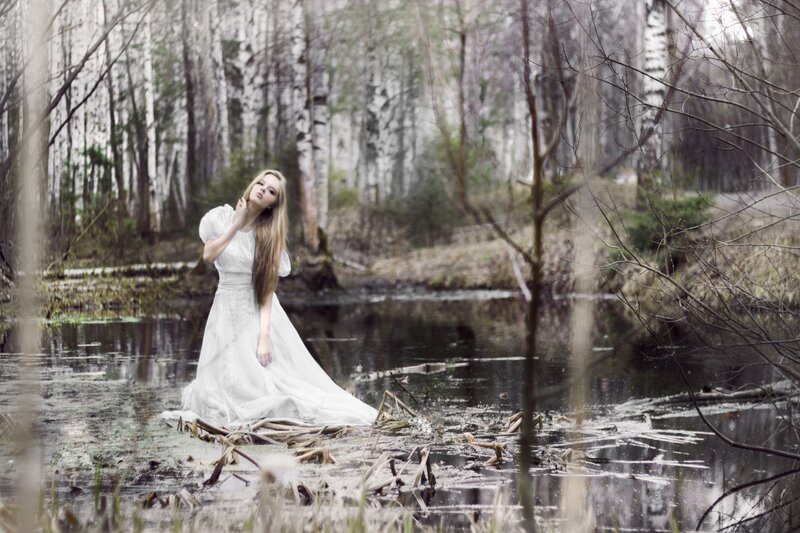 Woman in White Dress — Melancholic, Spring, Photograph