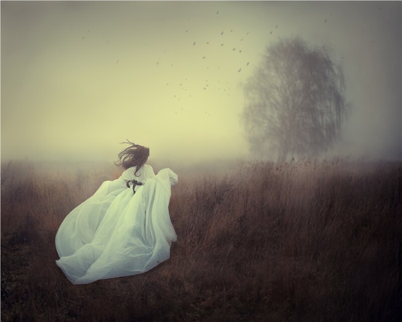Woman in White Dress — Misty, Autumn