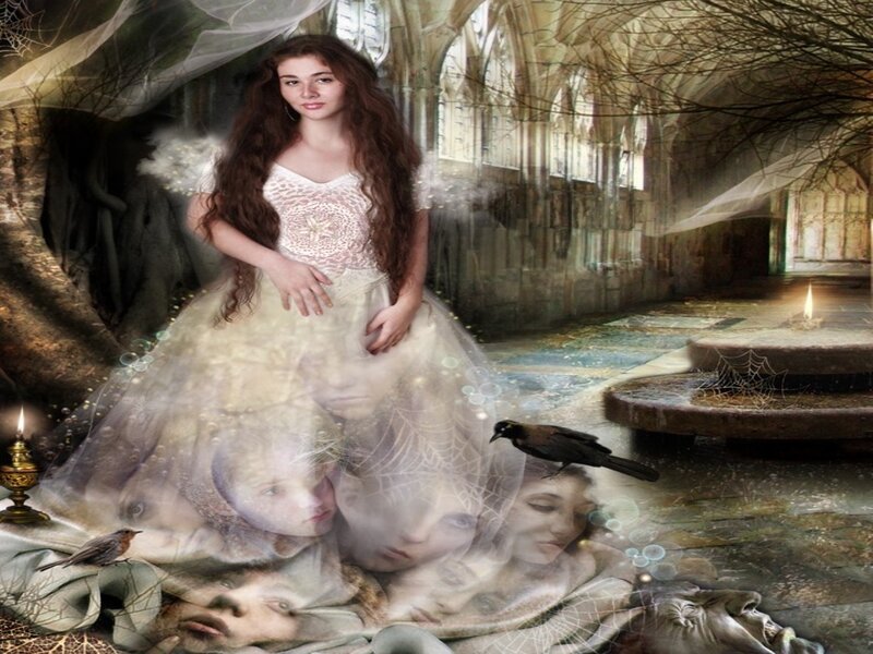 Woman in White Dress — Mysterious, Digital Art, Crow