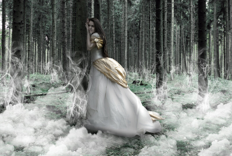 Woman in White Dress — Mysterious, Digital Art, Forest, Smoke