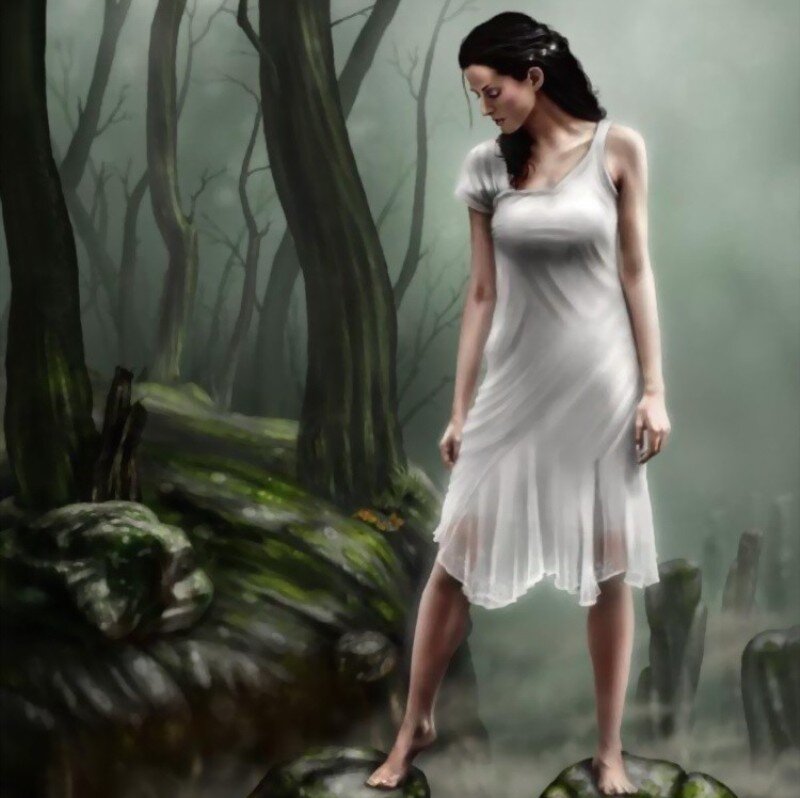 Woman in White Dress — Mysterious, Digital Art, Forest