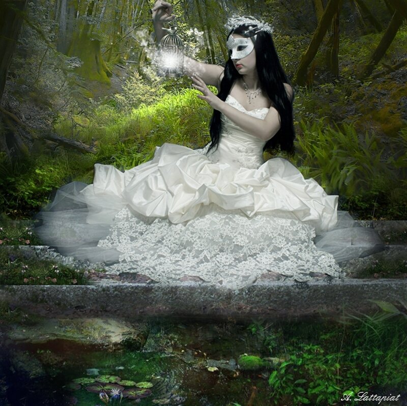 Woman in White Dress — Mysterious, Digital Art, Mask, Forest