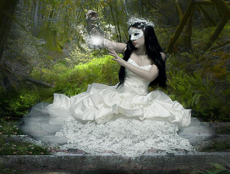 Woman in White Dress — Mysterious, Digital Art, Mask