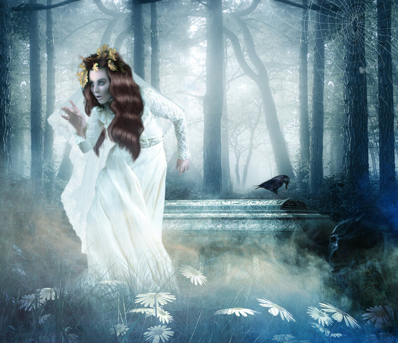 Woman in White Dress — Mysterious, Night, Digital Art, Forest, Crow