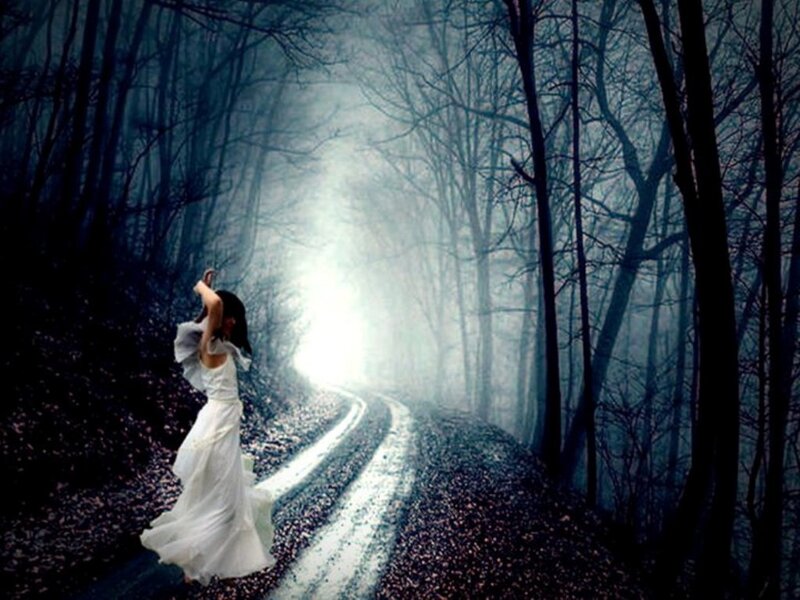 Woman in White Dress — Mysterious, Night, Digital Art, Forest, Path
