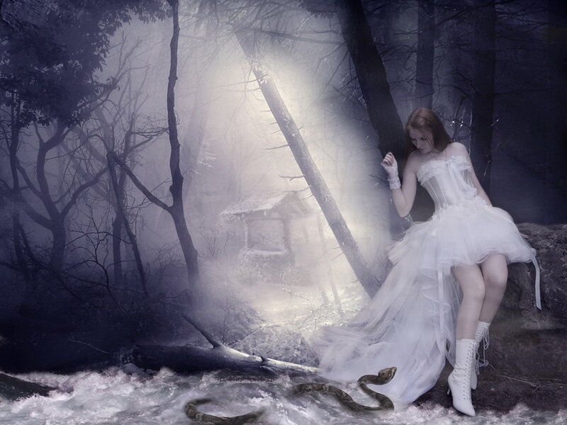 Woman in White Dress — Mysterious, Night, Digital Art, Forest, River, Snake