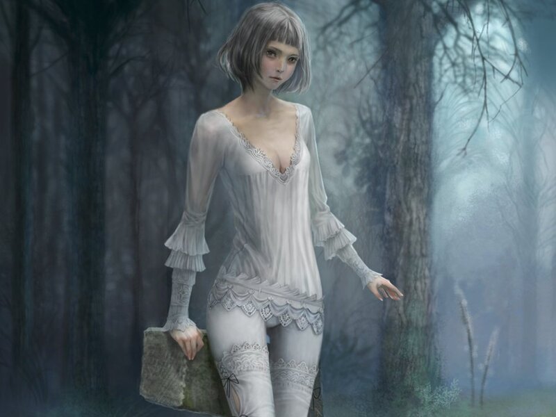 Woman in White Dress — Mysterious, Night, Digital Art, Forest, Stone