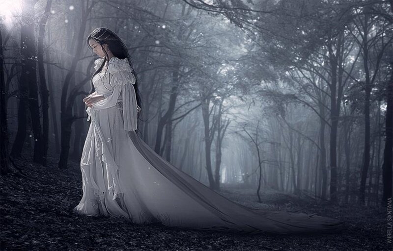 Woman in White Dress — Mysterious, Night, Digital Art, Forest, Trees