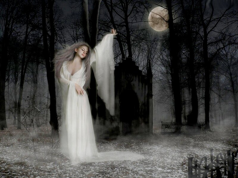Woman in White Dress — Mysterious, Night, Digital Art, Moon
