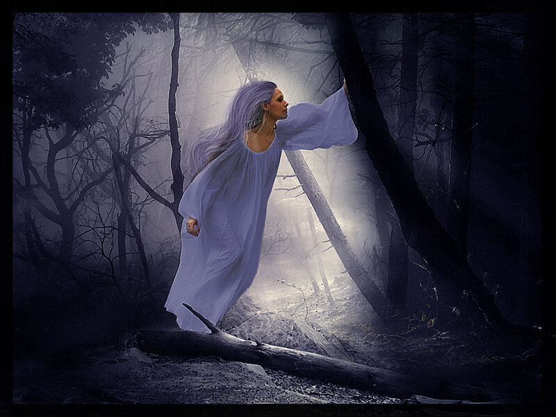 Woman in White Dress — Mysterious, Night, Digital Art