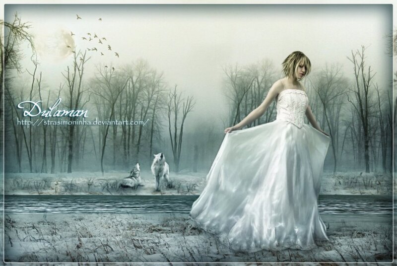 Woman in White Dress — Mysterious, Winter, Digital Art, Wolves