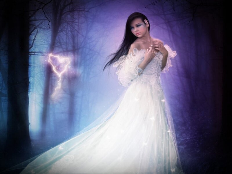Woman in White Dress — Mystical, Night, Digital Art, Forest