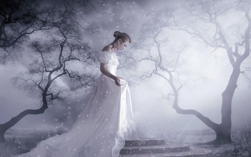 Woman in White Dress — Mystical, Night, Digital Art