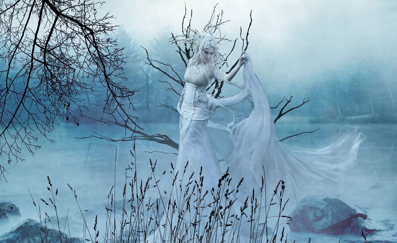 Woman in White Dress — Mystical, Winter, Digital Art, Bare Trees