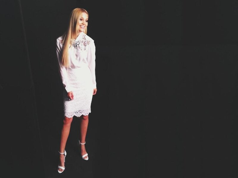Woman in White Dress — Neutral, Photograph, Heels, Black Background